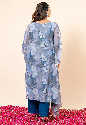 Printed Pure Chiffon Shimmer Kaftan Style Kurta Set in Blue and Grey