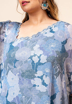Printed Pure Chiffon Shimmer Kaftan Style Kurta Set in Blue and Grey