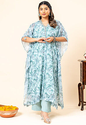 Printed Pure Chiffon Shimmer Kaftan Style Kurta Set in Blue
