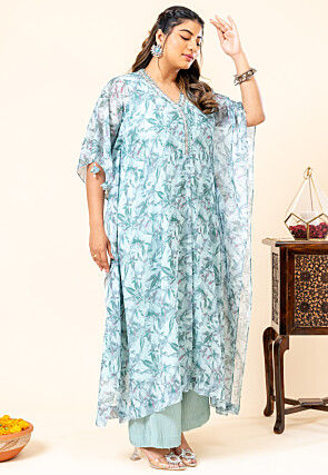 Printed Pure Chiffon Shimmer Kaftan Style Kurta Set in Blue