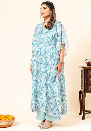 Printed Pure Chiffon Shimmer Kaftan Style Kurta Set in Blue