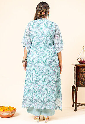 Printed Pure Chiffon Shimmer Kaftan Style Kurta Set in Blue