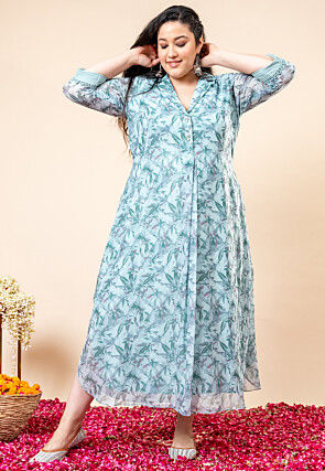 Printed Pure Chiffon Shimmer Maxi Dress in Blue