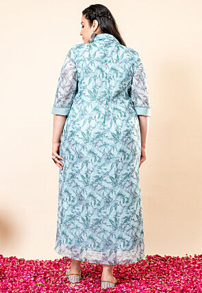Printed Pure Chiffon Shimmer Maxi Dress in Blue