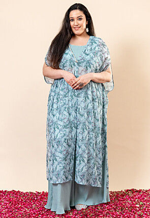 Printed Pure Chiffon Straight Kurta Set in Blue