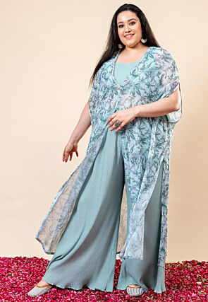 Printed Pure Chiffon Straight Kurta Set in Blue