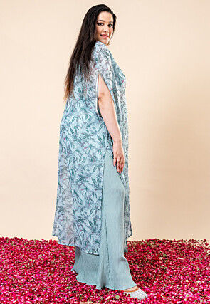 Printed Pure Chiffon Straight Kurta Set in Blue