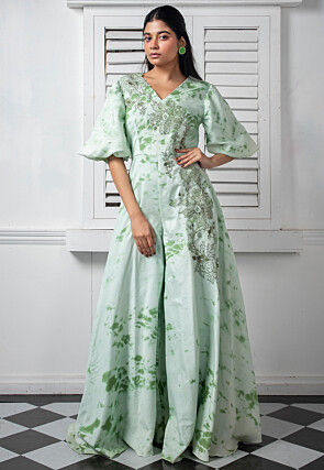 Printed Pure Chinon Chiffon Jumpsuit in Light Sea Green