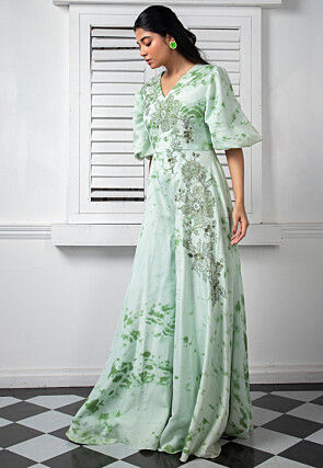 Printed Pure Chinon Chiffon Jumpsuit in Light Sea Green