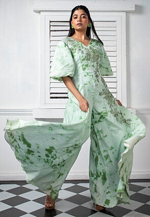 Printed Pure Chinon Chiffon Jumpsuit in Light Sea Green