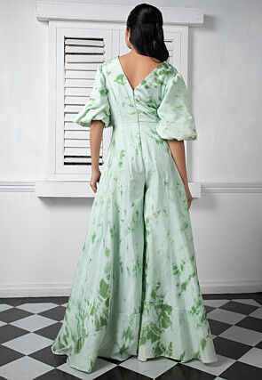 Printed Pure Chinon Chiffon Jumpsuit in Light Sea Green
