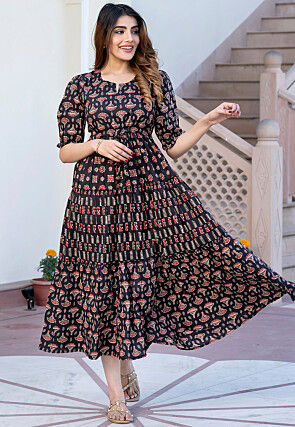 Printed Pure Cotton A Line Dress in Black