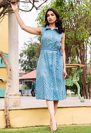 Printed Pure Cotton A Line Dress in Blue