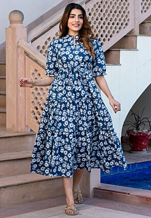 Printed Pure Cotton A Line Dress in Dark Blue