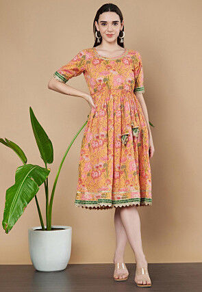 Printed Pure Cotton A Line Dress in Light Orange