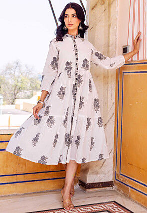 Printed Pure Cotton A Line Dress in Off White