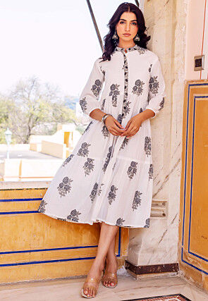 Printed Pure Cotton A Line Dress in Off White