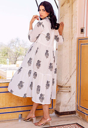 Printed Pure Cotton A Line Dress in Off White