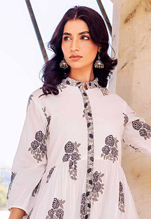 Printed Pure Cotton A Line Dress in Off White