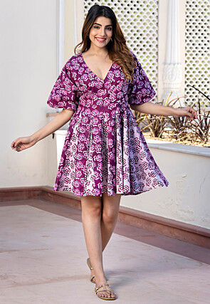 Printed Pure Cotton A Line Dress in Purple and White