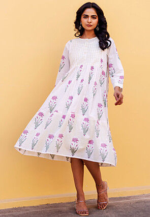 Printed Pure Cotton A Line Dress in White