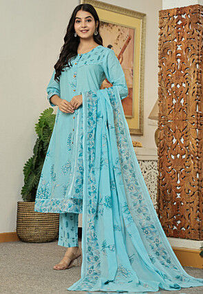 Printed Pure Cotton A Line Front Open Suit in Light Blue