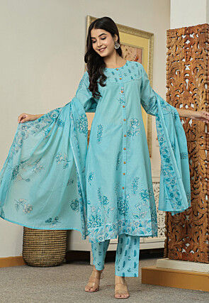 Printed Pure Cotton A Line Front Open Suit in Light Blue