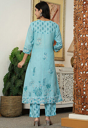 Printed Pure Cotton A Line Front Open Suit in Light Blue