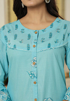 Printed Pure Cotton A Line Front Open Suit in Light Blue