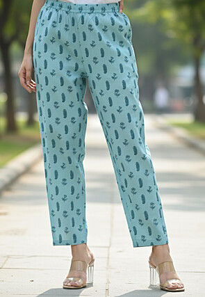 Printed Pure Cotton A Line Front Open Suit in Light Blue