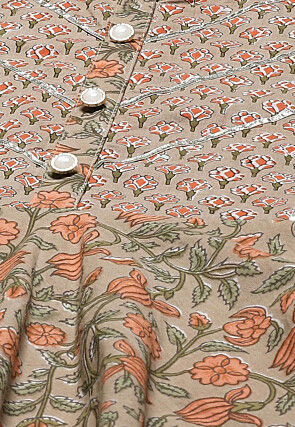 Printed Pure Cotton A Line Kurta in Light Brown