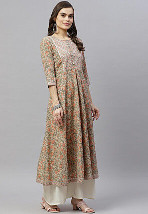 Printed Pure Cotton A Line Kurta in Light Brown