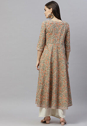 Printed Pure Cotton A Line Kurta in Light Brown