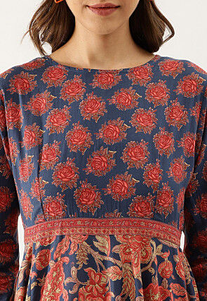 Printed Pure Cotton A Line Kurta in Navy Blue