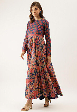 Printed Pure Cotton A Line Kurta in Navy Blue
