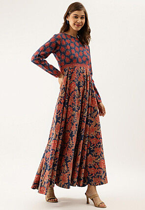 Printed Pure Cotton A Line Kurta in Navy Blue