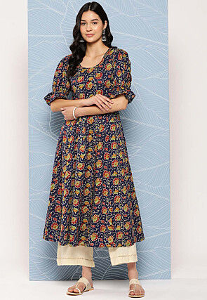 Printed Pure Cotton A Line Kurta in Navy Blue