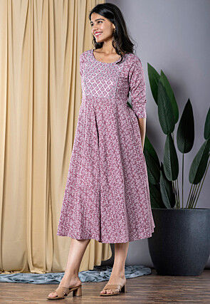 Printed Pure Cotton A Line Kurta in Purple