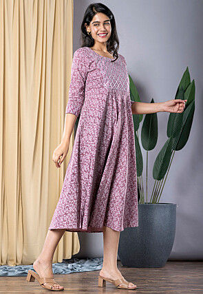 Printed Pure Cotton A Line Kurta in Purple
