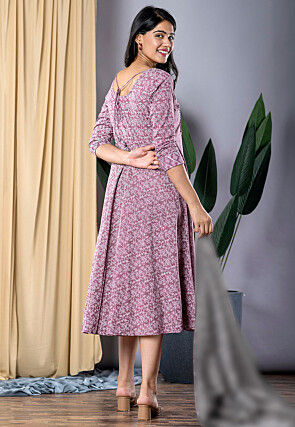 Printed Pure Cotton A Line Kurta in Purple