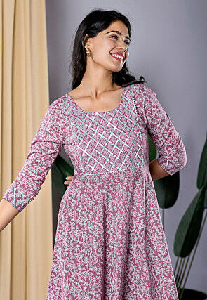 Printed Pure Cotton A Line Kurta in Purple