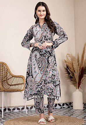 Printed Pure Cotton A Line Kurta Set in Black