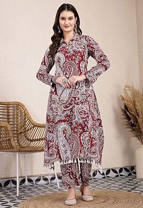 Printed Pure Cotton A Line Kurta Set in Maroon