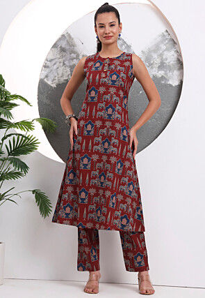 Printed Pure Cotton A Line Kurta Set in Maroon