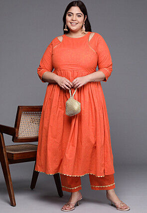 Printed Pure Cotton A Line Kurta Set in Orange