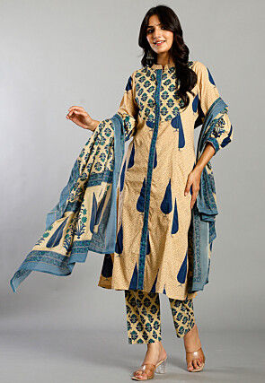 Printed Pure Cotton A Line Suit in Beige