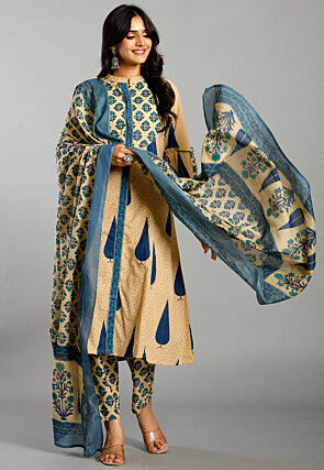Printed Pure Cotton A Line Suit in Beige