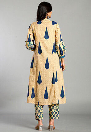 Printed Pure Cotton A Line Suit in Beige