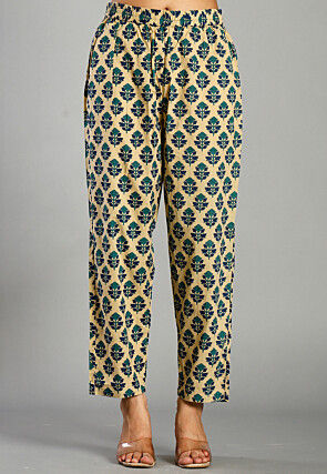 Printed Pure Cotton A Line Suit in Beige