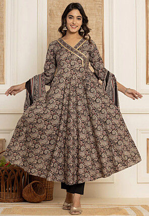Printed Pure Cotton A Line Suit in Black